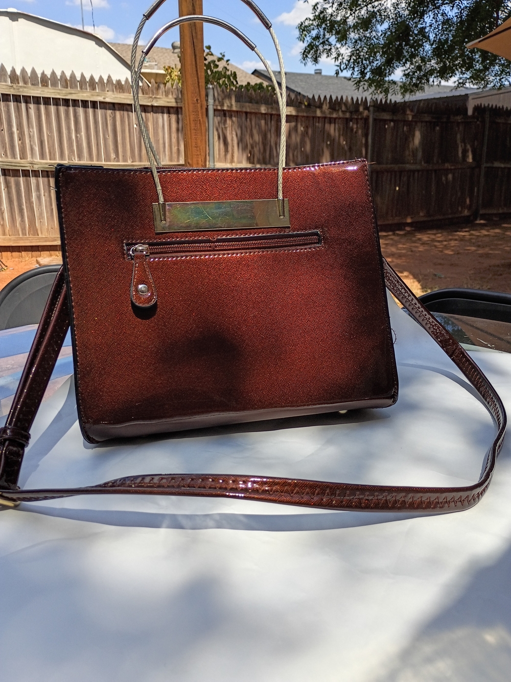Metallic Burgundy Patent Bag with Detachable Strap